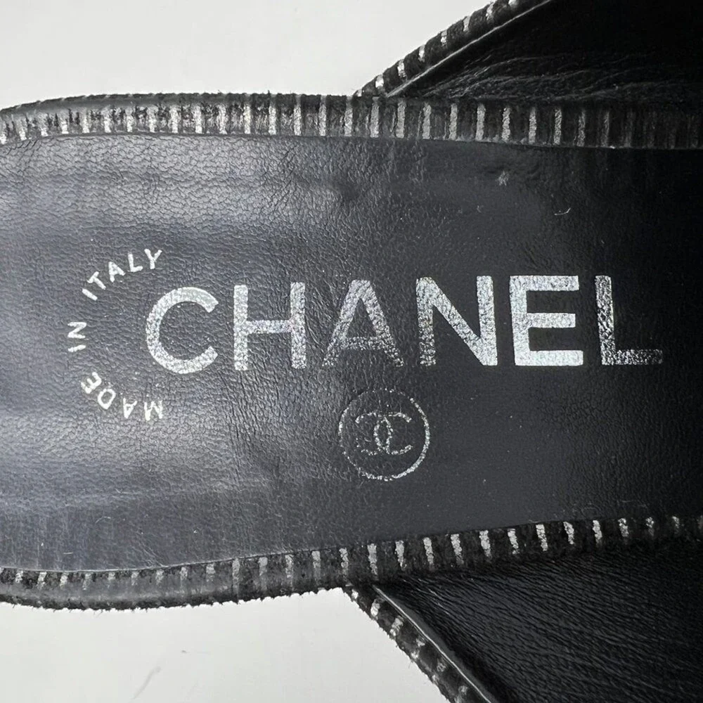 Chanel CC Mule Heels‎ Silver Black Cap Toe Block Heel Sandals 40.5